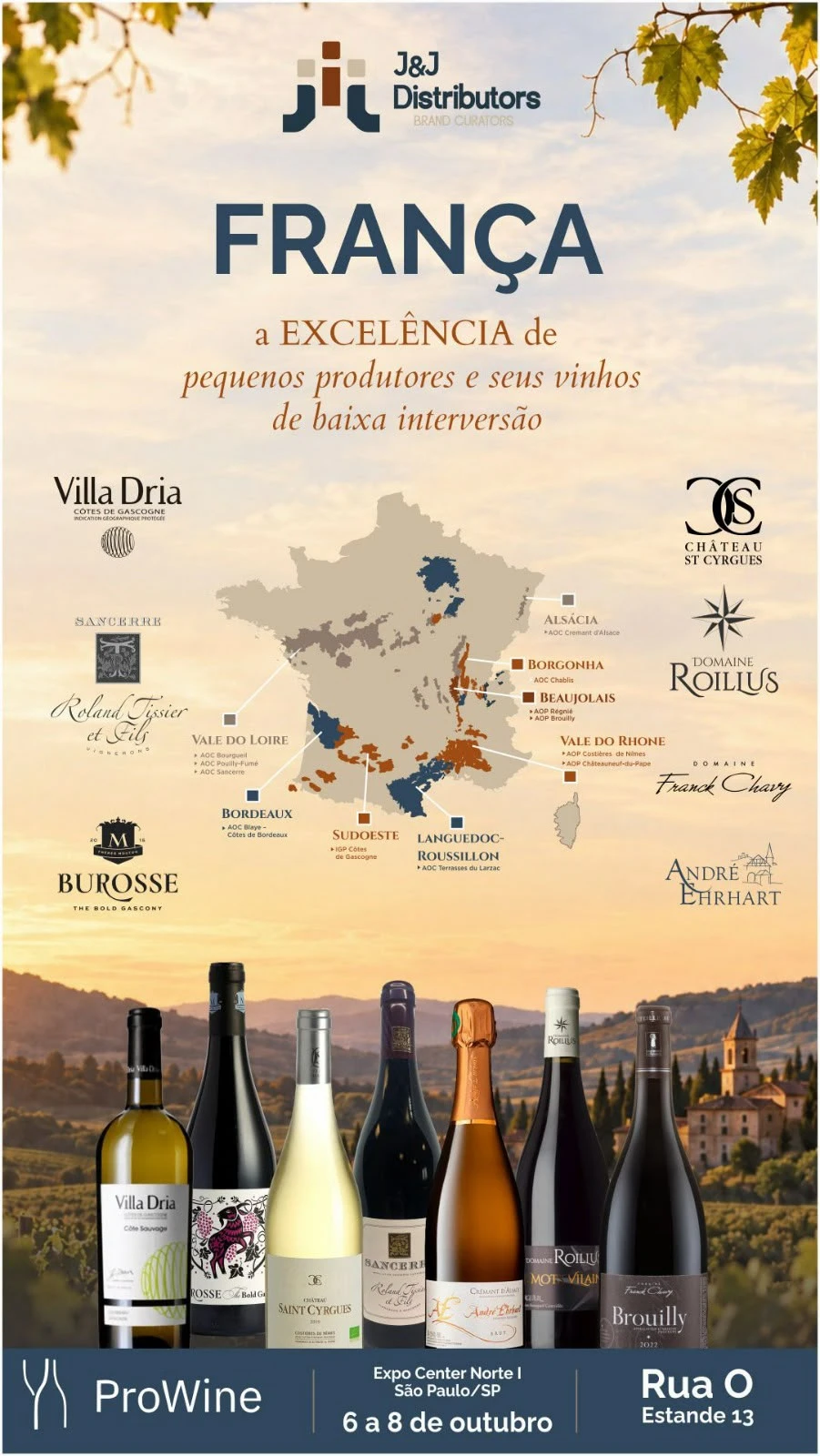 J&J Distributors na ProWine: França, pequenos produtores e seus vinhos de baixa intervenção. De 6 a 8 de outubro, Expo Center Norte, São Paulo/SP. Rua O, estande 13.
